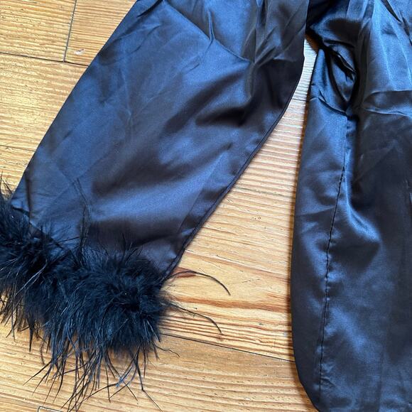 Shein black silk like collar button up feather cuff sleep shirt SIZE M - Picture 3 of 5